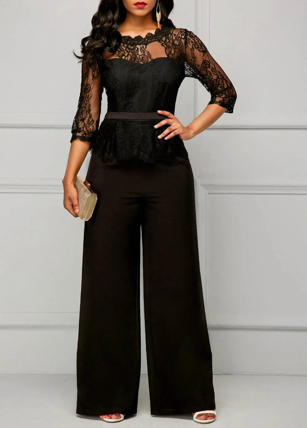 Elegant Sexy Jumpsuits Women Long Sleeve Lace Patchwork Jumpsuit Loose Trousers Wide Leg Pants Rompers Holiday Black Overalls