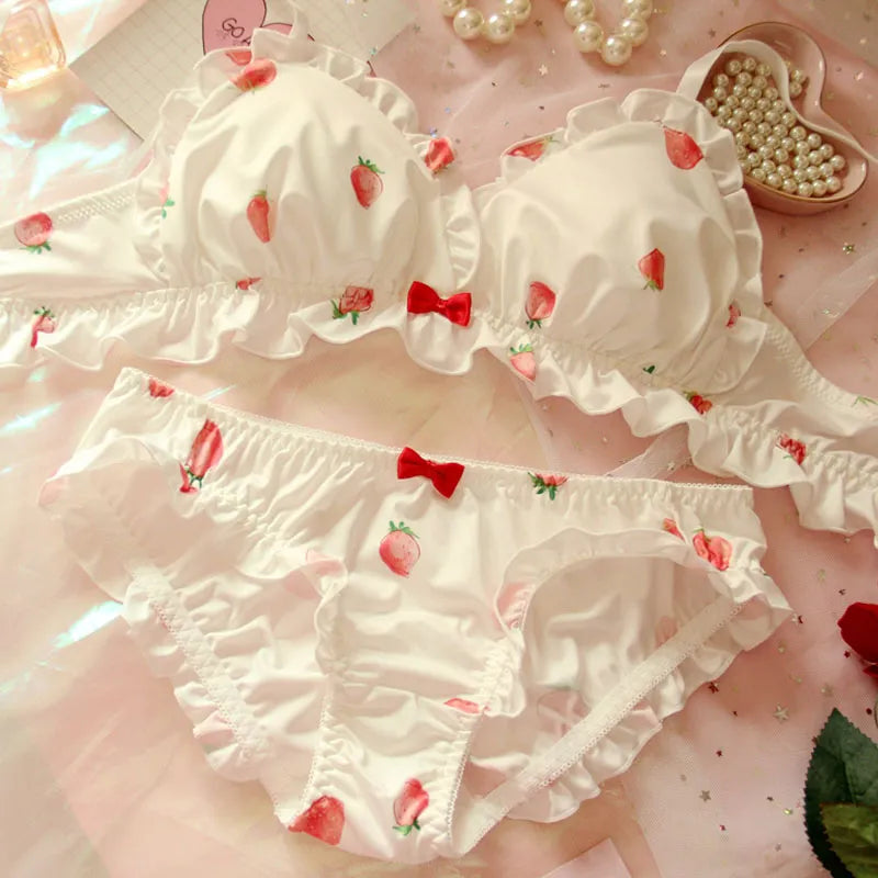 Strawberry Cute Japanese Milk Silk Bra & Panties Set Wirefree Soft Underwear Set Kawaii Lolita Bra and Panty Set Pink Lingerie