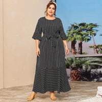 Dress Summer Women 2021 Autumn Three Quarter Sleeve Striped Print Casual Dress Black Ruffles Maxi Long Dresses