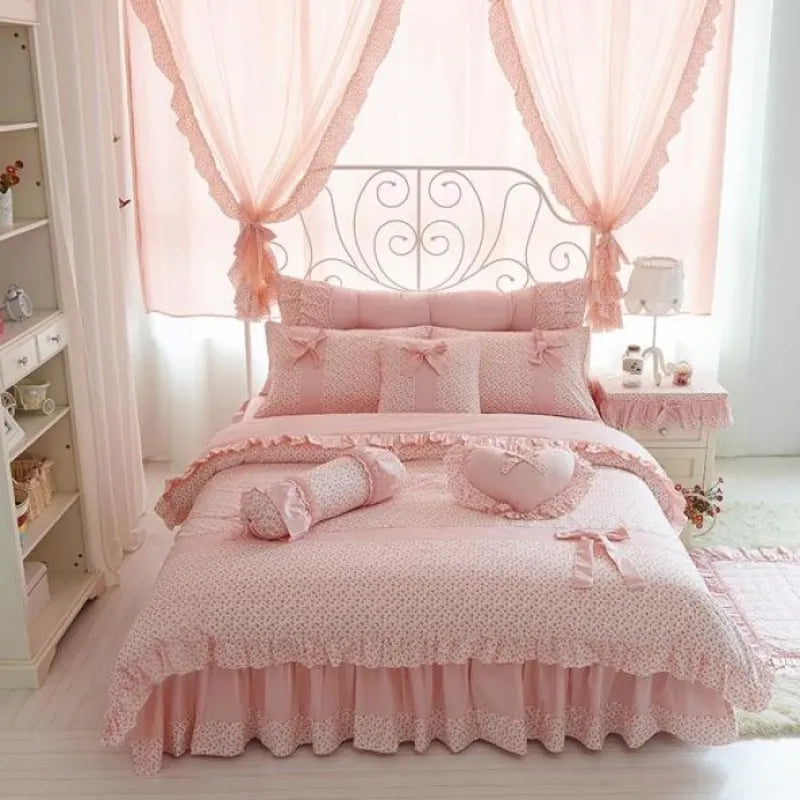 Cherry Printing 100 Cotton Bedding Sets King Queen Size Lace Bow Quilt/Duvet Cover Ruffles Bedspread Bed Skirt Linen Pillowcases