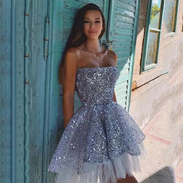 Women Cocktail Dresses Formal Party Short Prom Gowns Gray Graduation Homecoming Dress