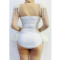 Sexy Pearls Rhinestone Bodysuit Tranparent Leotard Jazz Dance Costume Party Tassels Nightclub outfit Singer Dancewear