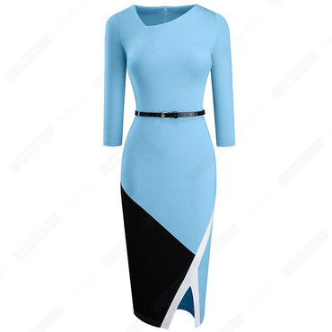 Women Formal Knee Length Asymmetrical Neck Wear to Work Business Office Bodycon Elegant Pencil Dress EB290