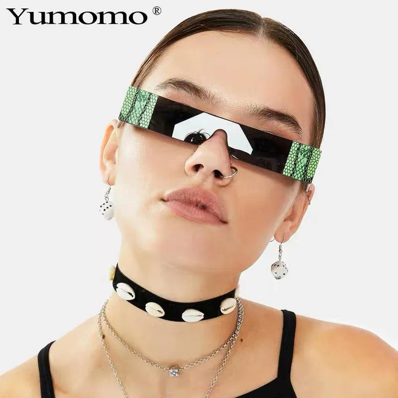 Fashion Snake tattoo Rectangle Small Sunglasses Women Luxury Brand Mirror Silver Black Clear Lens One Piece Punk Men Shades