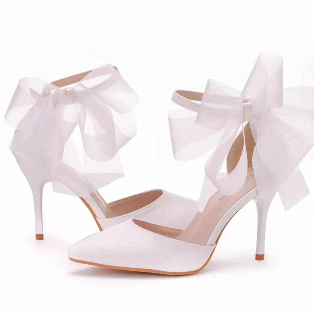 Crystal Queen Woman Satin Stiletto Elegant Ankle Strap Party Bow-knot Sandals Sexy High Heels White Wedding Shoes