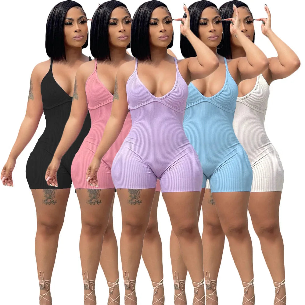 Women Solid Color Jumpsuit 2021 Summer Suspenders V-Neck Catsuit Sexy Outdoor Club Clothing