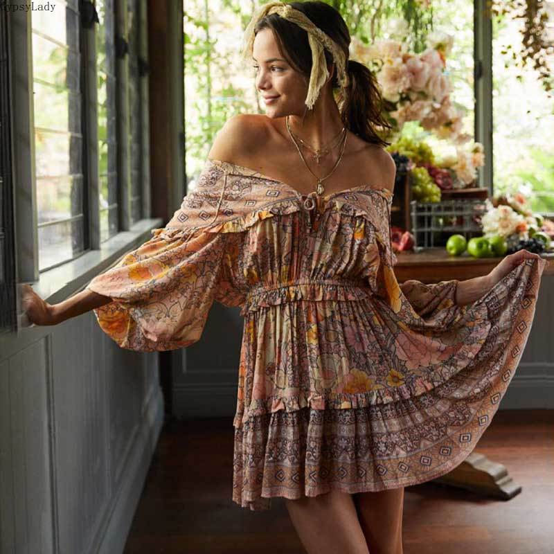 GypsyLady blush florla print frill summer dresses long sleeve pleated women dress elastic mini gypsy boho dress chic vestido