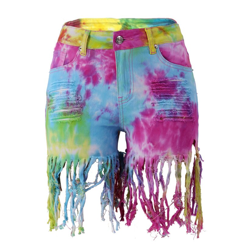 2022 New Clothing Summer Tie Dye Long Tassel Denim Shorts For Women