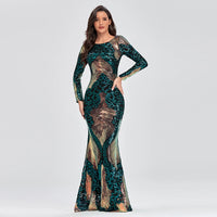 O-neck Long-Sleeve Shinning Sequins Evening Dresses Sexy Backless Mermaid Party Gowns Maxi Elegant Multi Female Robes Vestidos