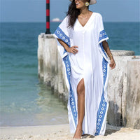 2023 Casual V-Neck Bats Sleeve Side Split Beach Kaftan Loose Summer Dress White Tunic Women Street Wear Maxi Dress N887