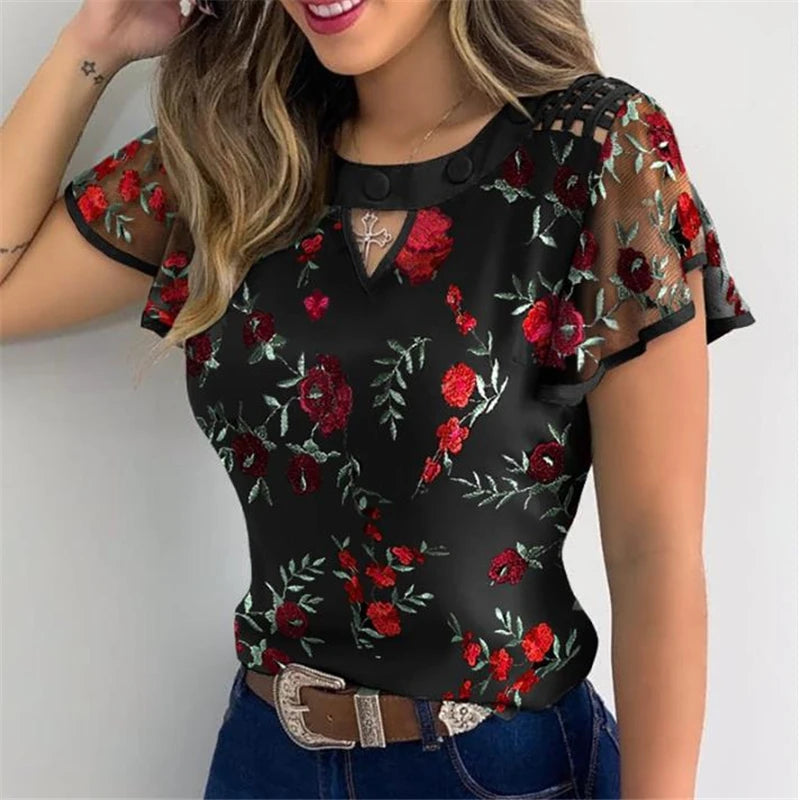 Women Ruffles Short Sleeve T-Shirt Summer Fashion Casual Flower Embroidery Cutout Mesh Sheer Tops Slim Vintage Pullover Tee