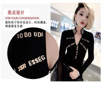 Korean Fashion Patchwork Sexy Mesh Tshirt 2021 New Autumn Winter Women Long Sleeve Embroidery Letter Top Camiseta Mujer T97917