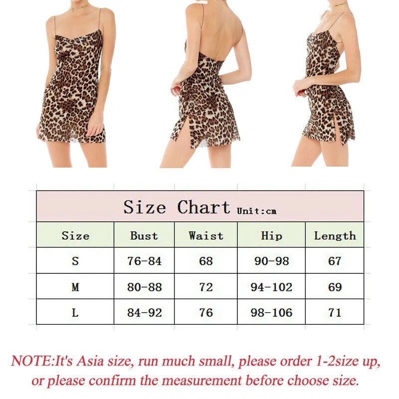 Women Fashion Leopard Print Slip Dress Summer Holiday Beach Bodycon Party Strappy Backless Mini Dresses Sundress