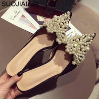 SUOJIALUN Women Designer Slipper Slides Ladies Brand Luxury Slippers Women Dress Mules Shoes Low Heel Pointed Toe Pearl Slippers