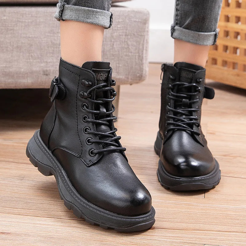 Women's Genuine Leather Ankle Boots Women Autumn Winter Lace Up Vintage Women Punk Boots Flat Ladies Shoes Woman Botas Mujer