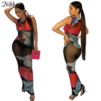 Nibber sexy mesh Patchwork design long bodycon dresses women summer club party night wear black  see-through Maxi dresses female