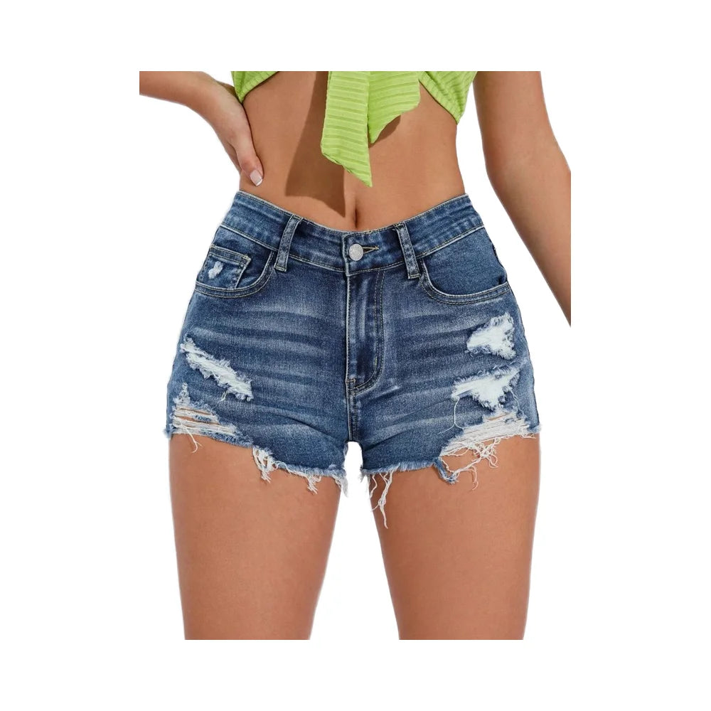 New Arrival Women's High-Elastic Blue Denim Shorts Breathable Holes Cut Washed Technique Summer Casual Rhinestone Waist