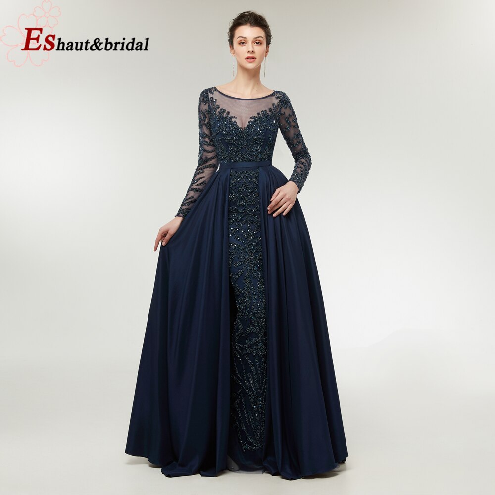 Elegant Mermaid Evening Night Dress for Women 2023 Muslim O Neck Long Sleeves Beads Sequin Formal Prom Wedding Party Gowns