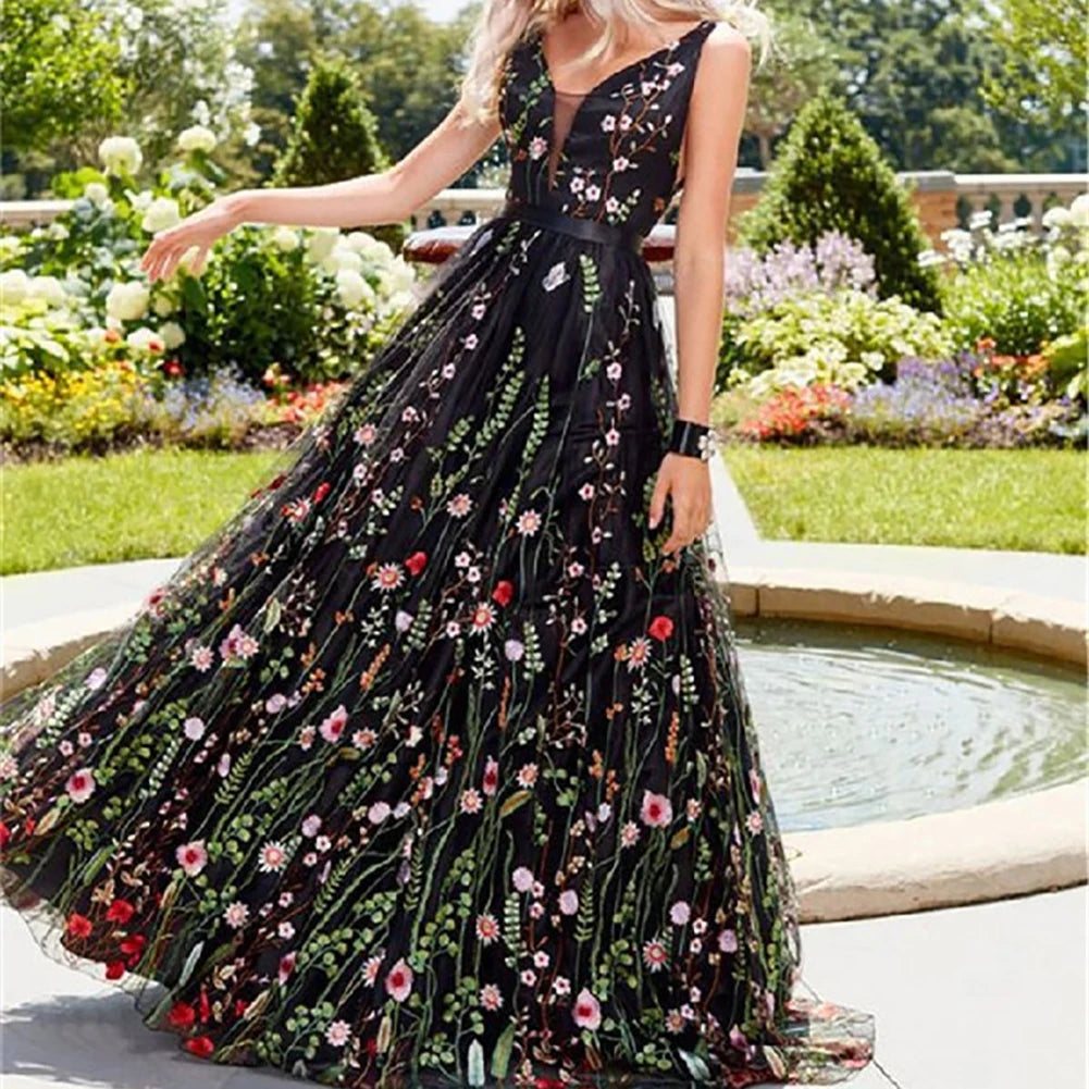 Hot Boho Elegant Dresses Women Sexy Sleeveless Backless Deep-V Embroider Floral Print Party Maxi Dress