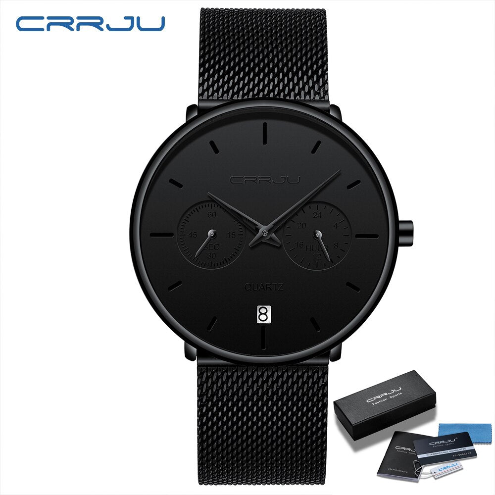 Mens Watches CRRJU Full Steel Casual Waterproof Watch for Man Sport Quartz Watch Men&#39;s Dress Calendar Watch Relogio Masculino