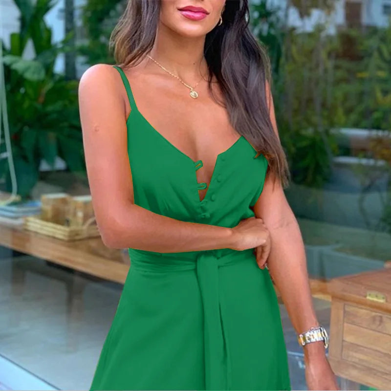 Summer Green Tunic Maxi Dress V Neck Robe Femme Belt Elegant Ruffles Party Long Dresses Spaghetti Strap Casual Vestidos Mujer