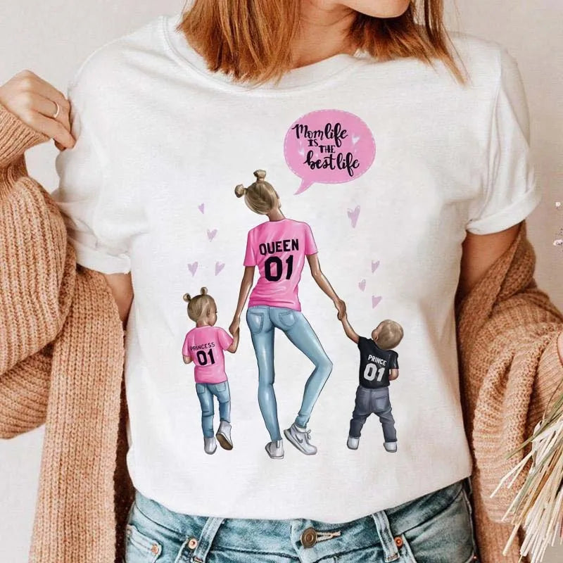 Maycaur Women Cartoon Mom Mother Boy Girl Print Mother Lady T-shirts Casual Top T Shirt Ladies Womens Graphic Female Tee T-Shirt