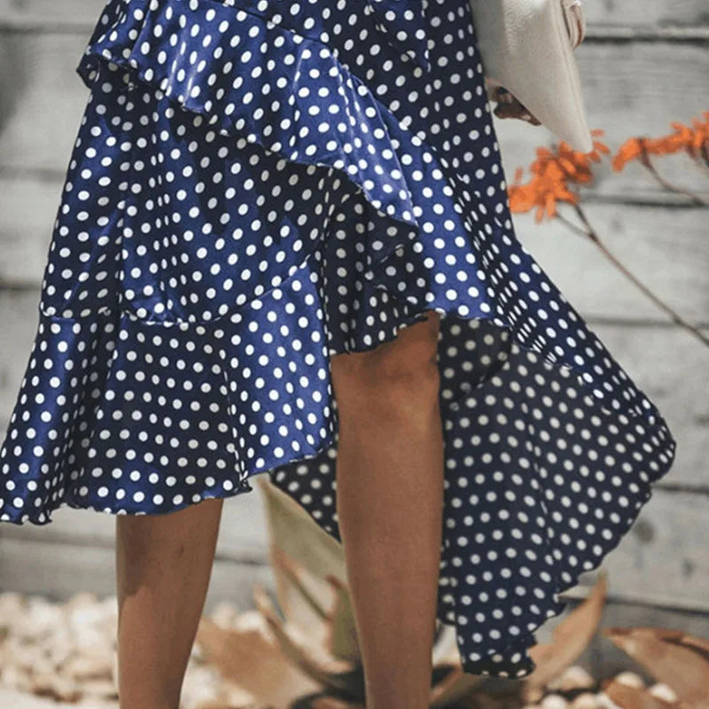 Plus Size Polka Dot Dresses Summer Sleeveless Dress Fashion Ruffles Trim Asymmetric Hem Knee Length Casual Halter