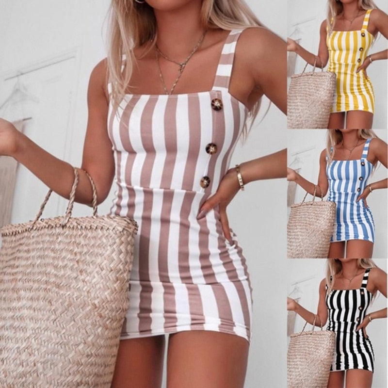 Sexy Women Striped Mini Pencil Dress Summer Backless Design Button Decor Ol Dress Sleeveless Slim Package Hip Elegant Dresses