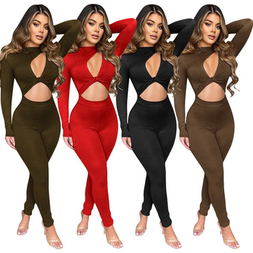 Sexy Cut Out Twist Rompers Womens Jumpsuit Casual Sport Fitness Hollow Out Long Sleeve Leggings Club Party Soft Women Overalls