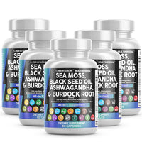 Sea Moss 3000mg Black Seed Oil 2000mg Ashwagandha 1000mg Turmeric 1000mg Bladderwrack 1000mg Burdock & Vitamin C Vitamin D3 with Elderberry Manuka Dandelion Yellow Dock Iodine Chlorophyll ACV - 5 Pack