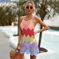 Fashion 2024 Summer New Beach Dress Women's Color Matching Sexy Knitting Beach Bikini Swimsuit Blouse Clothing