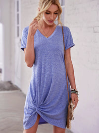 Summer Thin Knee-Length Skirt V Neck Tie-Dyed Casual Short Sleeve