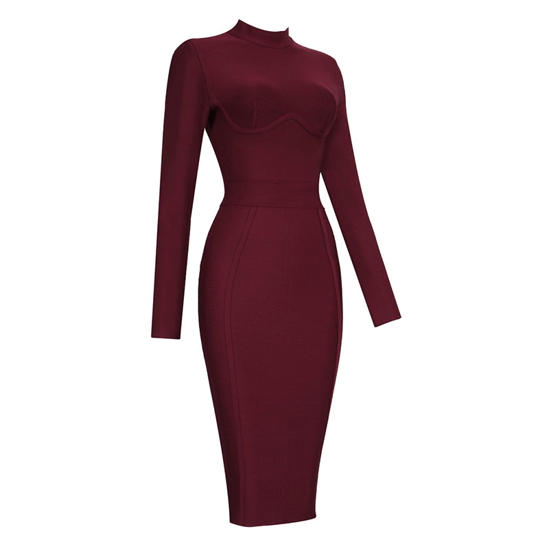 A- Type Red Carpet Long Sleeves Ladies Party Mid-Length Dress