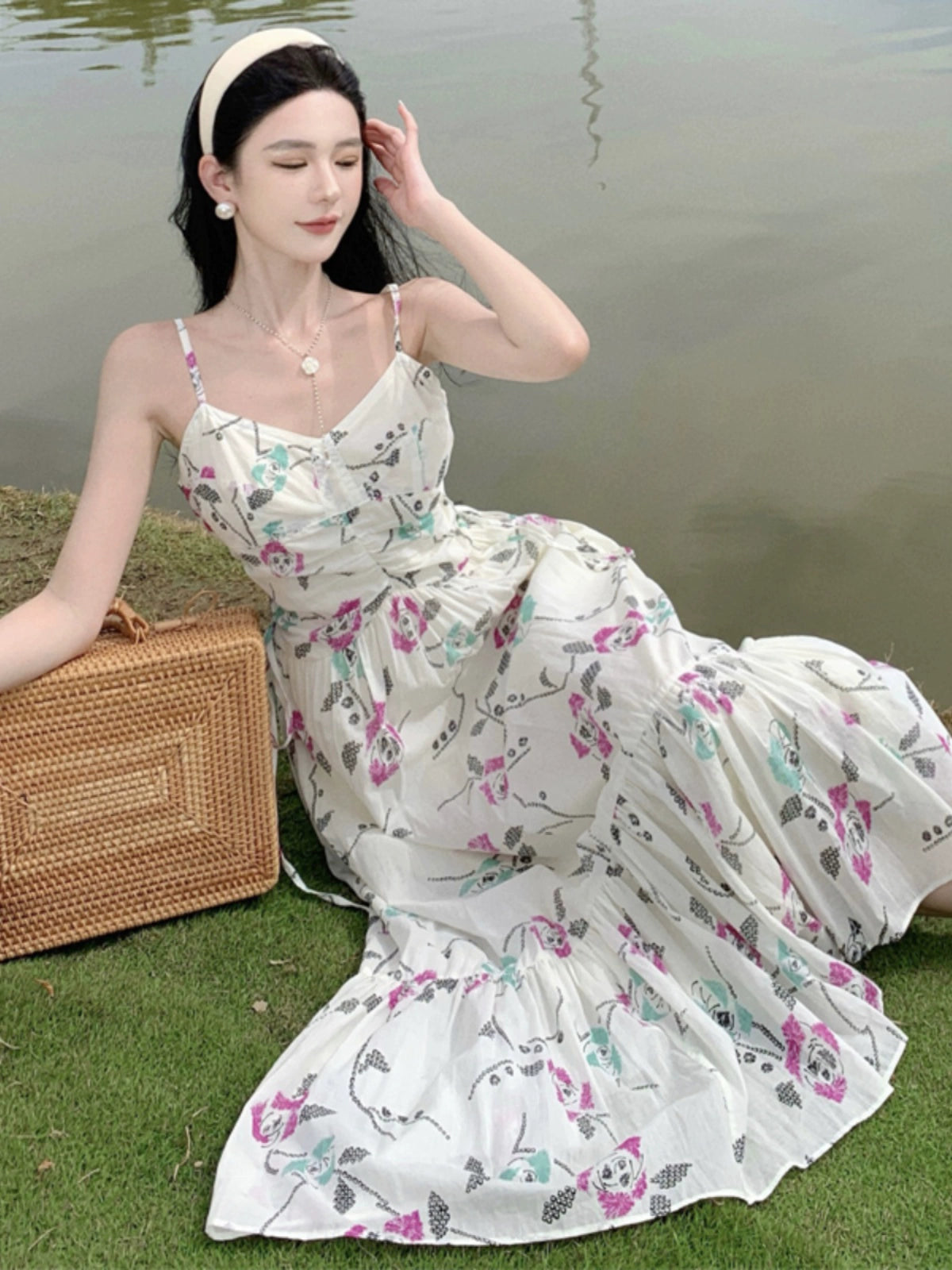 Dopamine French Sweet Style Slip Floral Chiffon Dress Summer New Seaside Atmosphere Waist-Slimming Long Dress