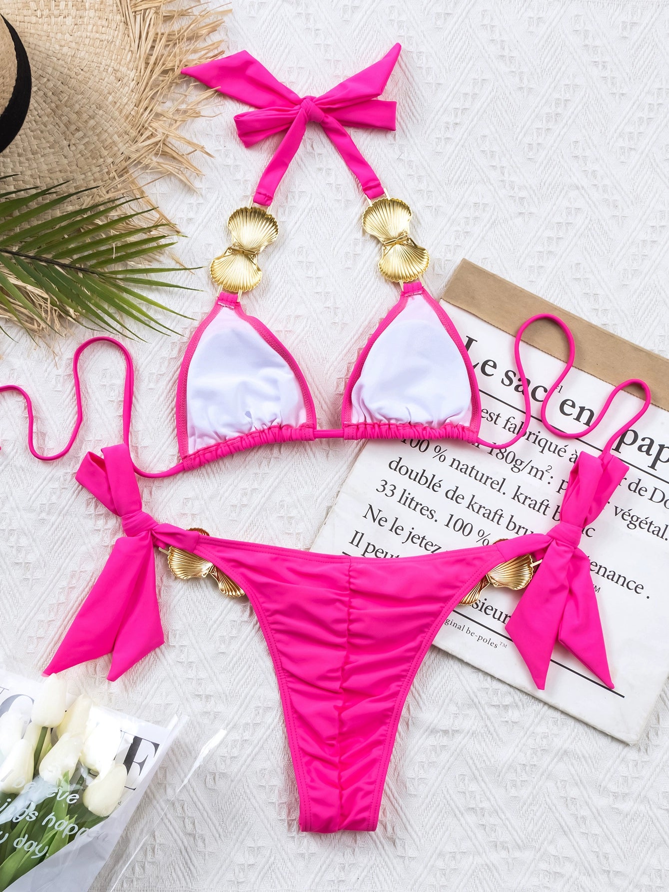 AliExpress Amazon Pure Color Separates Swimsuit Metal Bikini Shoelace Swimsuit Women's Sexy Bikini