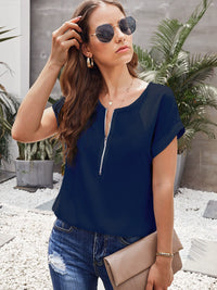 European-Style V-neck Half-Zip Casual All-Match Short-Sleeved Shirt