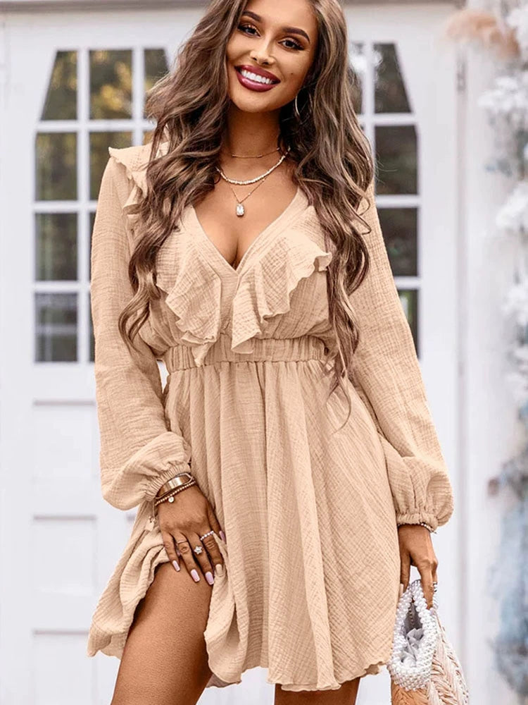 Fall Thin Long Sleeve Dress for Women Fashion Ruffles Patchwork Waist-Slimming Slimming V-Neckline Texture Knee-Length Skirt for Women