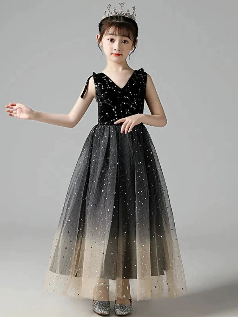 Children's Classy Black Dress Piano Performance Costume Girls Little Host Catwalk Show Girls Princess Dress