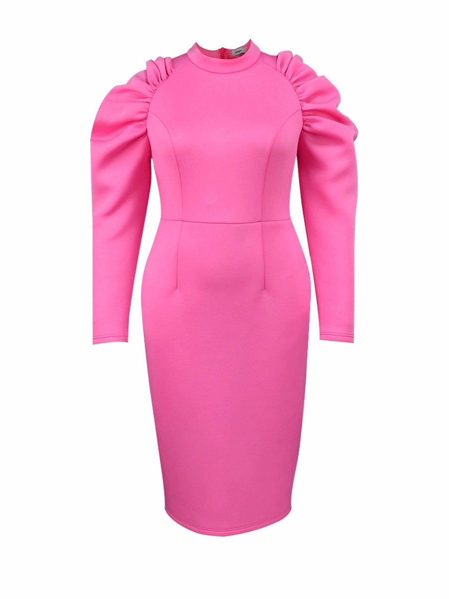 Fashion Plus Size Fall Oversleeves Banquet High Waist Dress Women plus Size Pink Party Dress