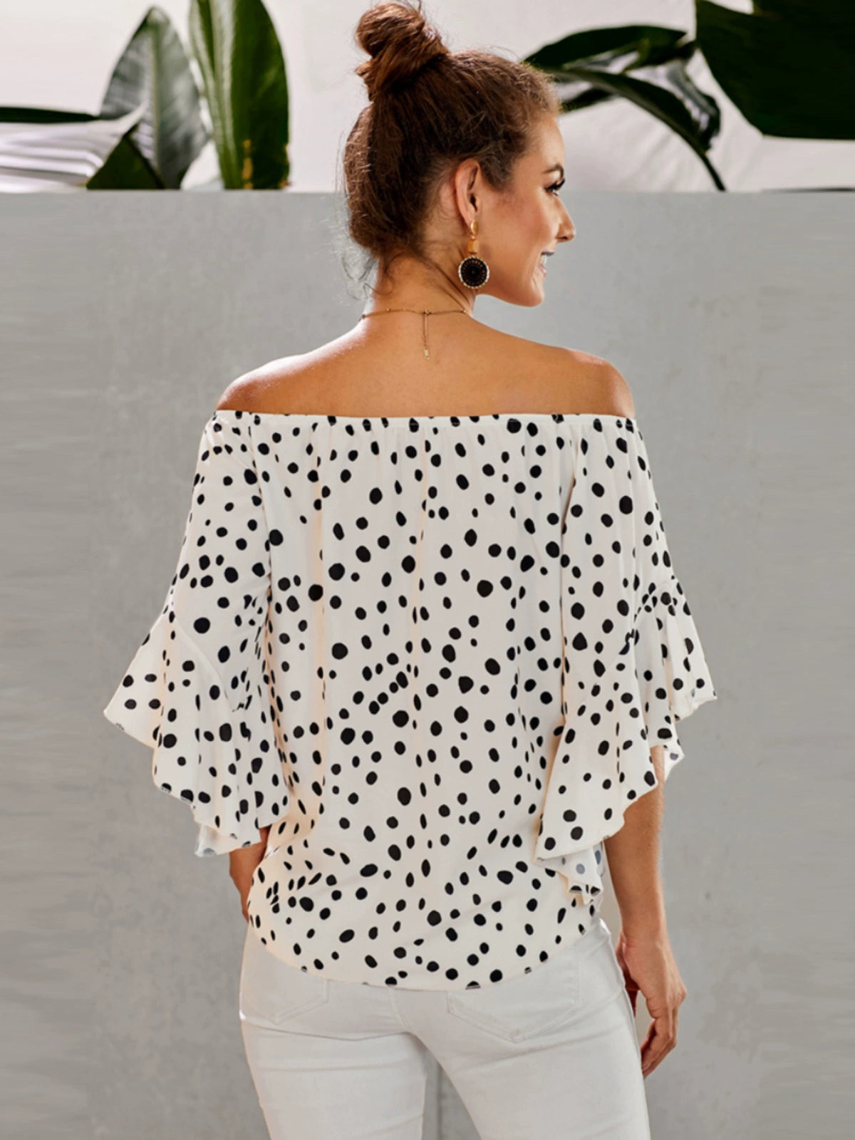 Shiying off-Shoulder Regular Sleeve Polka Dot Top T-shirt