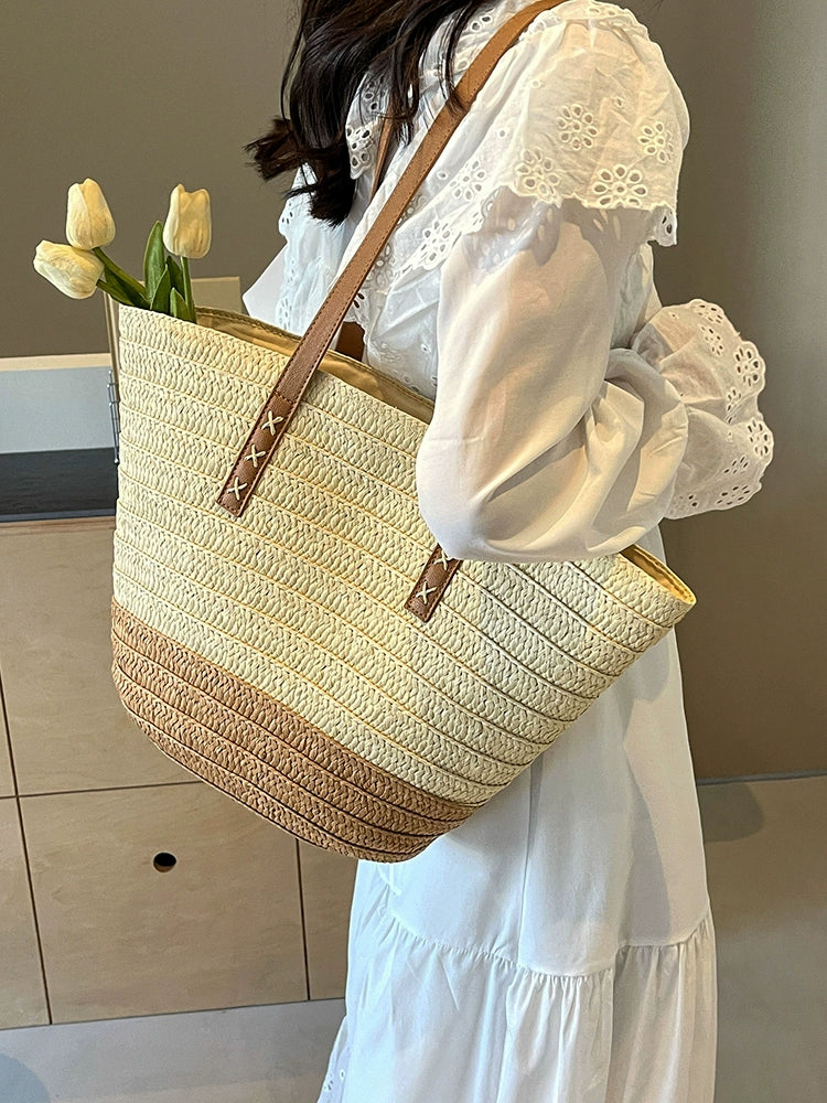 Large Capacity Commuter Bag 2024 New Shoulder Bag Female Vacation Seaside Beach Bag Fancy Woven Straw Bag