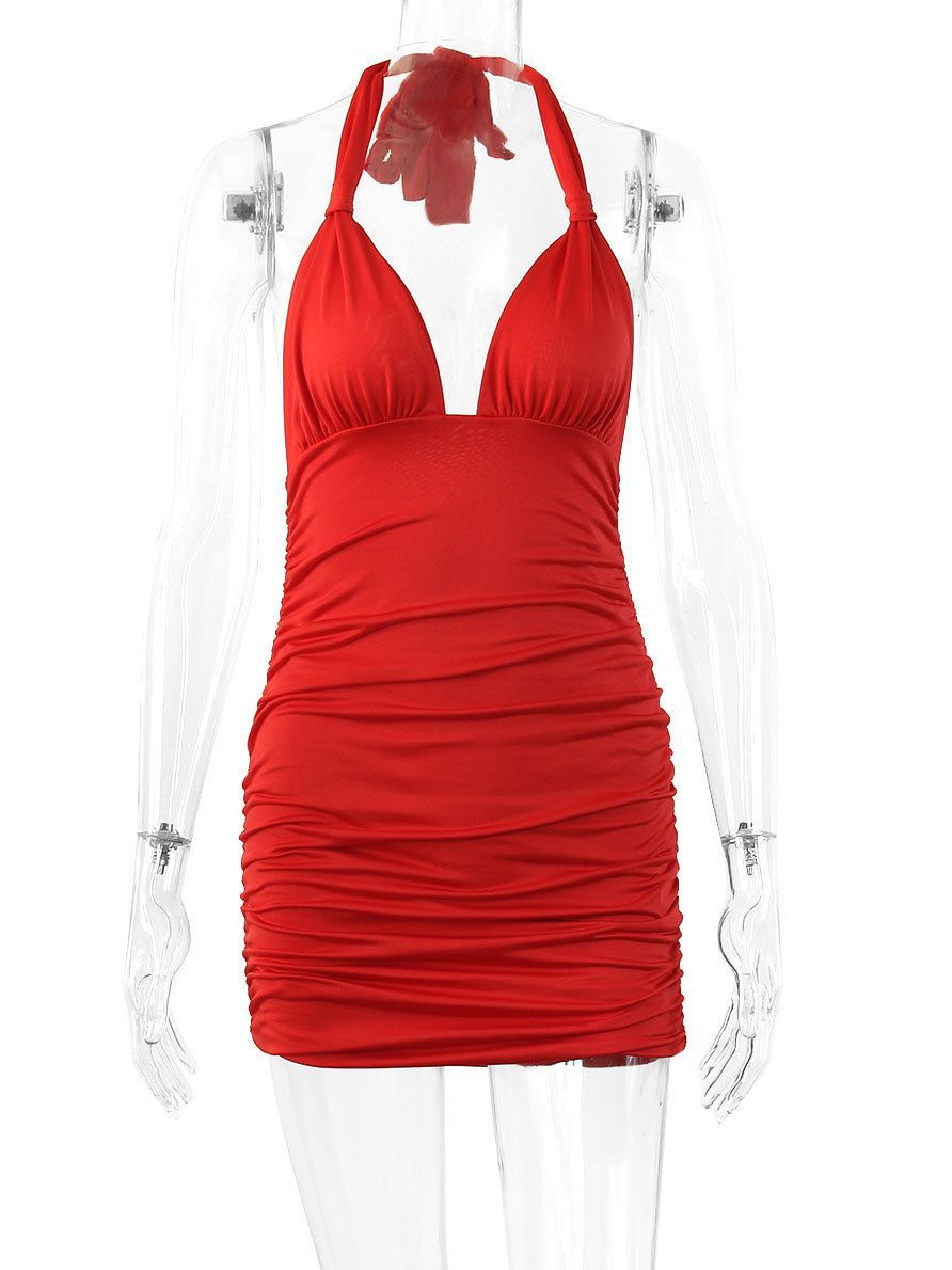 2024 Summer Amazon Cross-Border Women's Deep V-Neck Halter Tie Backless Dress Strap Short Skirt Tight-Fitting