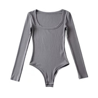 Fashion U-Collar Sexy Stretch Threaded Long Sleeve Jumpsuit