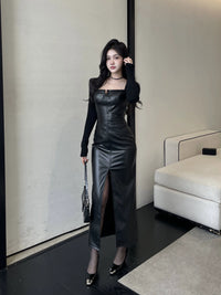 Girlsat18 Slim Pu Slit Black Leather Skirt