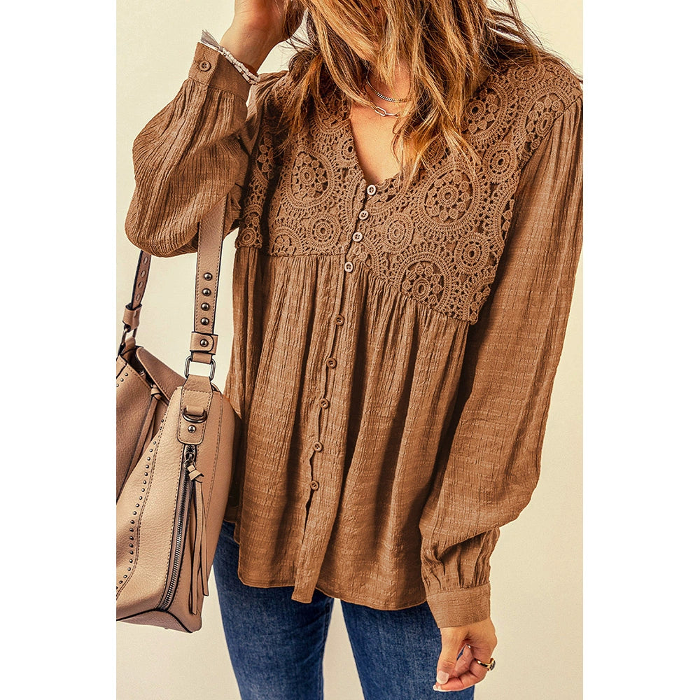 Fall 2024 New Brown Lace Crochet Shirt Women Fashion Style Fashion Button V Neck Little-Girl Style Clothes Tops Women