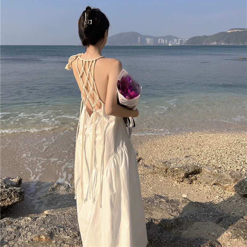 French Style Woven Open Back White Dress Stylish Niche Slim and Sexy Sanya Seaside Vacation Beach Dress for Women