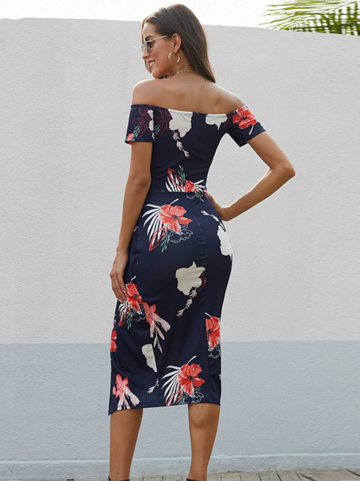 Silm Tight Waist Summer Print Slit Short Sleeve Dress