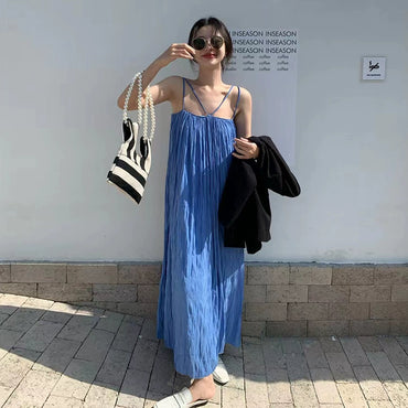 Sanya Travel Wear Internet Celebrity Blue Pleated Slip Dress Women's Summer Seaside Holiday Dress Long Beach Dress