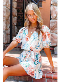 Lace-up Waist-Controlled Floral Print Loose Short-Sleeved V-neck Jumpsuit