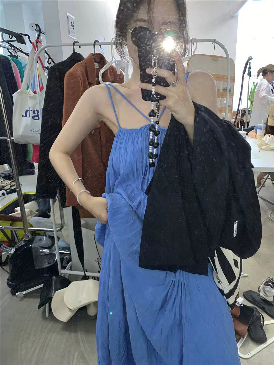 Sanya Travel Wear Internet Celebrity Blue Pleated Slip Dress Women's Summer Seaside Holiday Dress Long Beach Dress